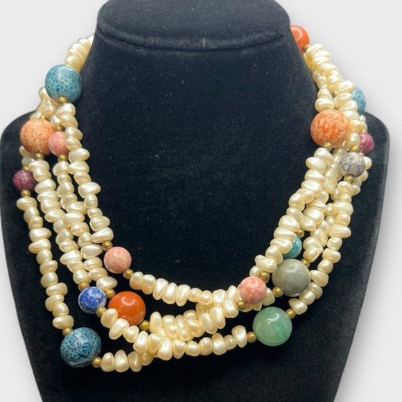 Vintage Double Strand Pearl & Gemstone Beaded Necklace Jade Jasper Amazonite etc - Picture 3 of 12